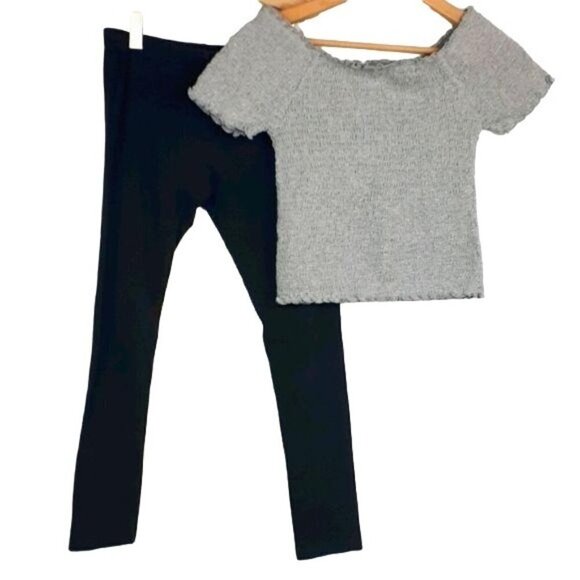 Gray Smocked Off Shoulder Top W/ Bonus Leggings Big Girls Size 14 - Picture 1 of 9